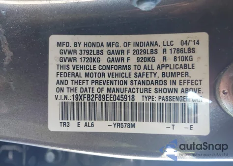 2014 Honda Civic Ex from USA, damaged, VIN 19XFB2F89EE045918